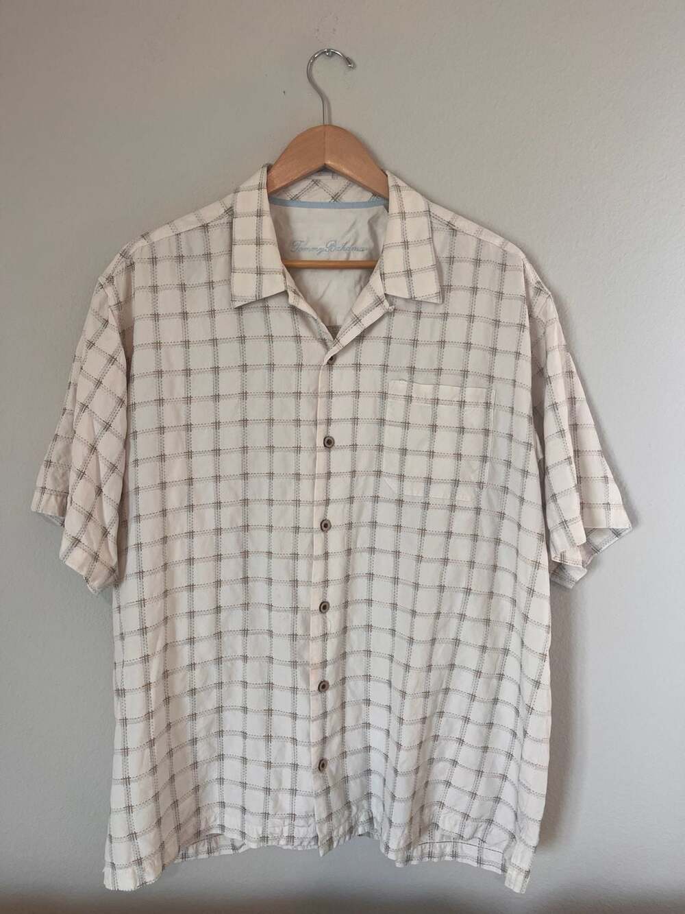 Tommy Bahama, 100% Silk Plaid Short Sleeve Camp Shirt, Cream, Mens XL